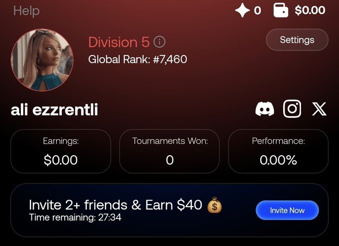 A user's profile page on a gaming platform shows the username "ali ezzrentli" in Division 5 with a Global Rank of #7,460, $0.00 earnings, 0 tournaments won, and 0.00% performance, alongside a promotional banner inviting 2 friends within 27:34 minutes to earn $40. The image complements the accompanying post's instructions by verifying the referral program details and league code "C7SAJW" needed for participation.