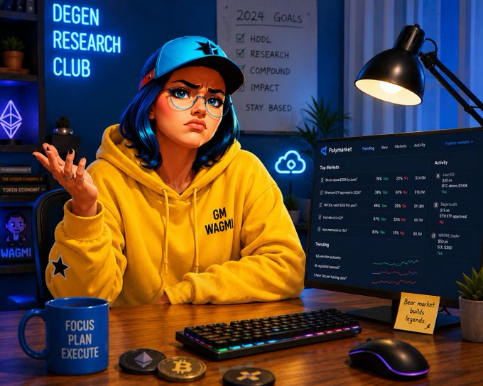 The image features a woman sitting at a desk with a computer monitor, keyboard, mouse, and mug of coffee. She appears to be wearing glasses and has a blue hoodie on. The background shows a blue wall with neon signs that read "DEGEN RESEARCH CLUB", indicating the setting is likely an office or workspace. A post on social media reads: "the day @polymarket launches their token and i'm not on the airdrop list is the day i leave the platform (for 10 minutes. then I'll be back to continue my prediction journey)". The woman seems to be contemplating something, possibly related to her work or personal interests in cryptocurrency.