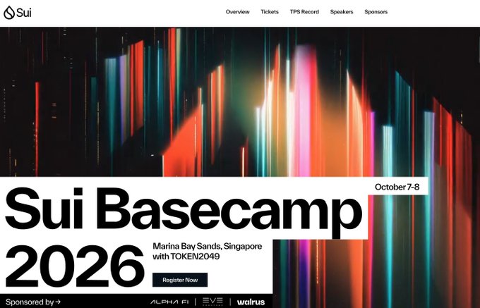 Promotional banner for 'Sui Basecamp 2026' held October 7-8 at Marina Bay Sands, Singapore with TOKEN2049, sponsored by Alpha AI, EVE, and Walrus.