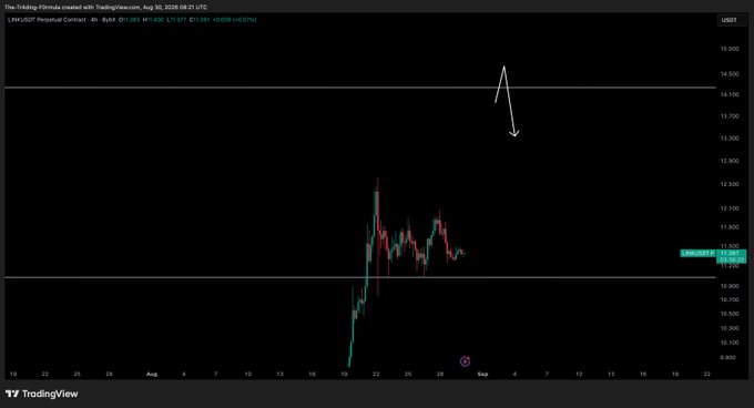 A TradingView chart of the LINK/USDT perpetual contract on Bybit shows a recent surge from around $11,000 to a peak near $13,000, with an arrow drawn pointing upward toward the $14,500 resistance level—suggesting $LINK is poised for a potential breakout pump.