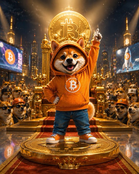 An AI-generated image of a Shiba Inu dog wearing an orange Bitcoin hoodie, standing on a golden coin with a large Bitcoin symbol behind it, surrounded by other dogs in a crypto-themed palace.