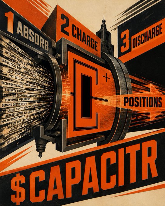 A stylized poster with the text '1 ABSORB', '2 CHARGE', '3 DISCHARGE', 'POSITIONS', and '$CAPACITR' in bold orange and black letters, featuring a central mechanical device and a list of economic terms.