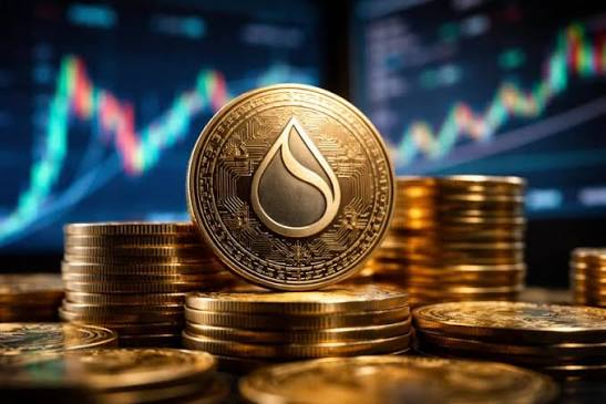 A close-up of a gold cryptocurrency coin with a water drop logo stands upright among stacks of gold coins, with a blurred stock market chart displayed on screens in the background.