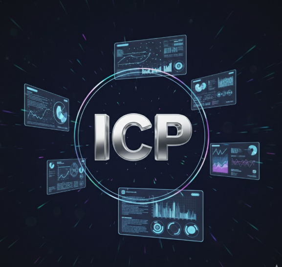 The image features a futuristic digital display with the bold metallic text "ICP" at the center, surrounded by floating holographic dashboards showing charts, graphs, and data analytics. The visuals reinforce the post's message about the Internet Computer (ICP) activating SEV Subnets for hardware-level data protection, symbolizing advanced blockchain security and confidential computing.