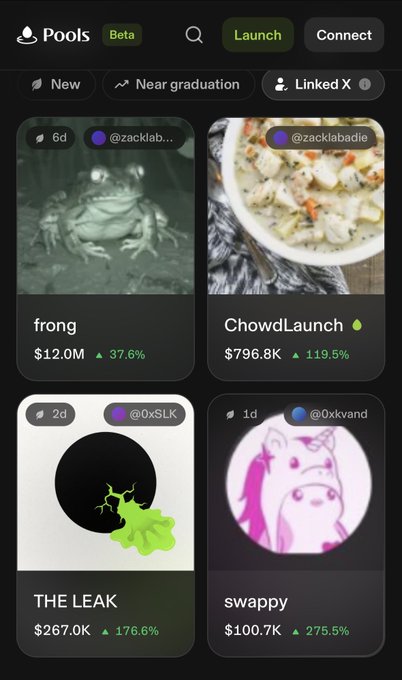 A mobile screenshot of the 'Pools' feature on what appears to be a trading platform, showing four tokens: 'frong' ($12.0M, +37.6%), 'ChowdLaunch' ($796.8K, +119.5%), 'THE LEAK' ($267.0K, +176.6%), and 'swappy' ($100.7K, +275.5%).