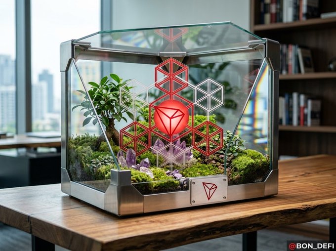 A futuristic glass terrarium on a wooden table contains a lush green and purple garden with a glowing red TRON-style logo and red geometric cube structures floating above it, branded with '@BON_DEFI'.