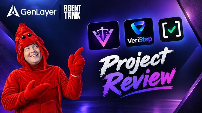 A promotional thumbnail for 'GenLayer AGENT TANK Project Review' featuring a person in a red lobster costume pointing to logos for various projects.