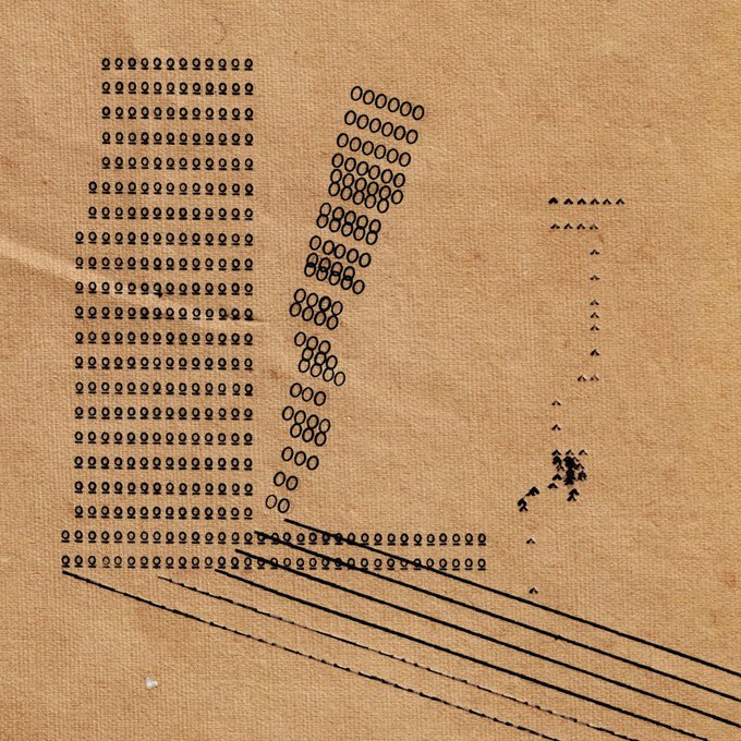 A piece of art on brown paper using typographic characters (e, o, 8) to create abstract figures or shapes alongside arrow-like marks and diagonal lines.