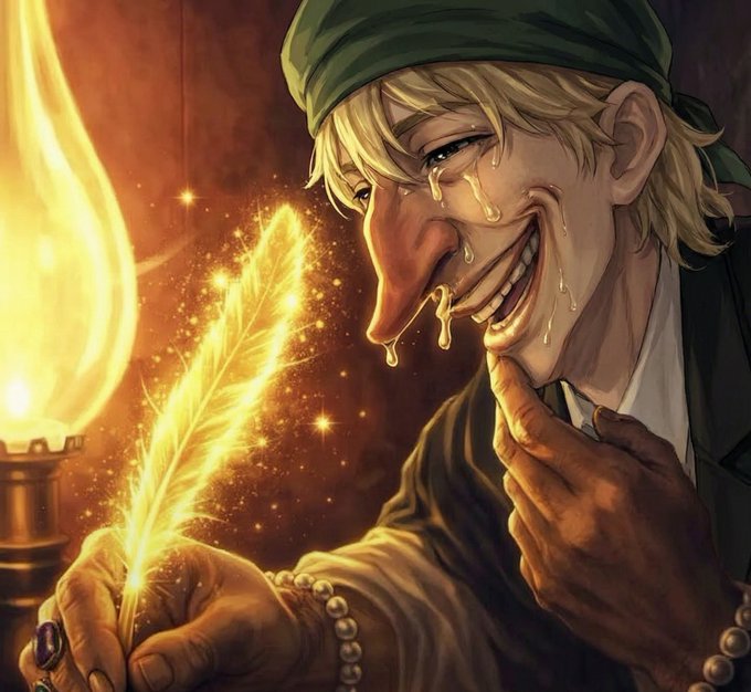 A digital artwork of an elderly figure with a long nose, wearing a green headwrap, smiling while holding a glowing golden feather near a lamp.