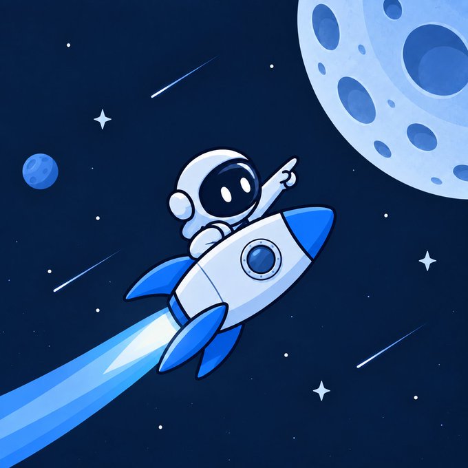 A cartoon illustration of an astronaut in a white spacesuit pointing forward while riding a rocket with blue fins and flame, set against a dark blue starry space background with a large moon and a small planet.