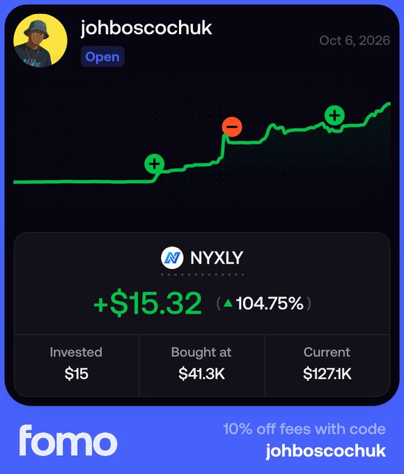 A trading app screenshot showing a portfolio gain of +$15.32 (+104.75%) on ticker NYXLY for user 'johboscochuk', with an ad for 'fomo' offering '10% off fees with code johboscochuk'.