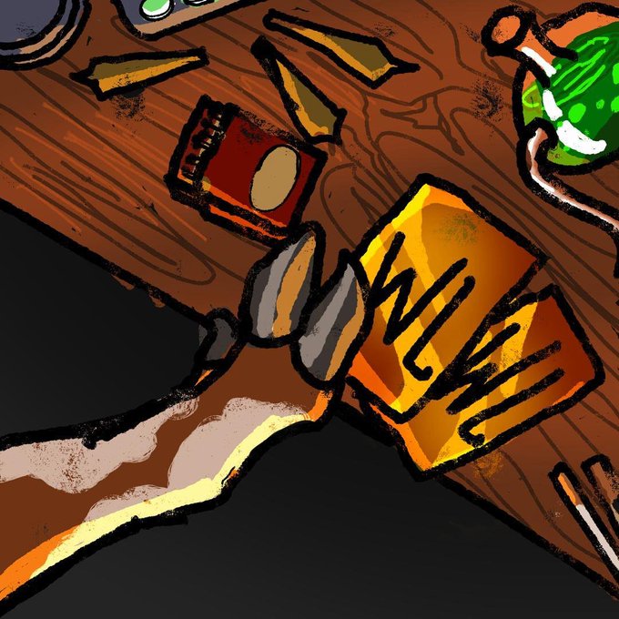 An illustrated hand reaches across a cluttered wooden desk to pick up an orange card labeled "1PM," mirroring the urgent announcement that the "Hoofz" NFT collection will launch in 2 hours at that exact time, with only 140 wallets eligible for the guaranteed free mint on OpenSea.