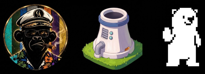 A graphic with a black background displaying a stained-glass style portrait of a monkey captain smoking a cigar, a cartoon nuclear cooling tower, and a pixel art ghost giving a thumbs up.
