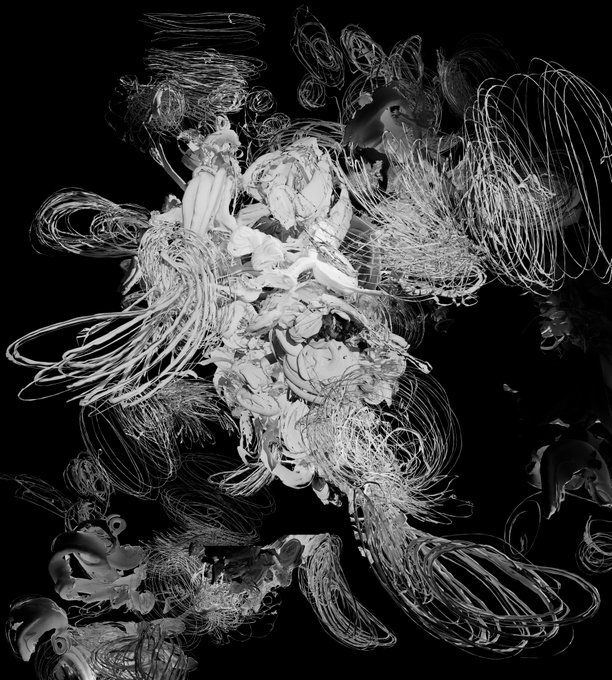 A black-and-white abstract digital artwork displayed on a tablet screen, featuring layered shapes, textures, and numerical labels ("1626" and "1622") that evoke cosmic or scientific imagery—fittingly titled "Untitled, (Autumn evening Messier 42)" for the STILL WET group show at GalerieMet and objkt.com.