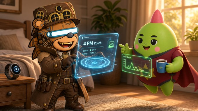 Two animated characters, a steampunk-style raccoon detective and a green mascot in a cape, stand in a cozy bedroom examining holographic fitness data screens showing '4 PM Coach' and energy metrics.