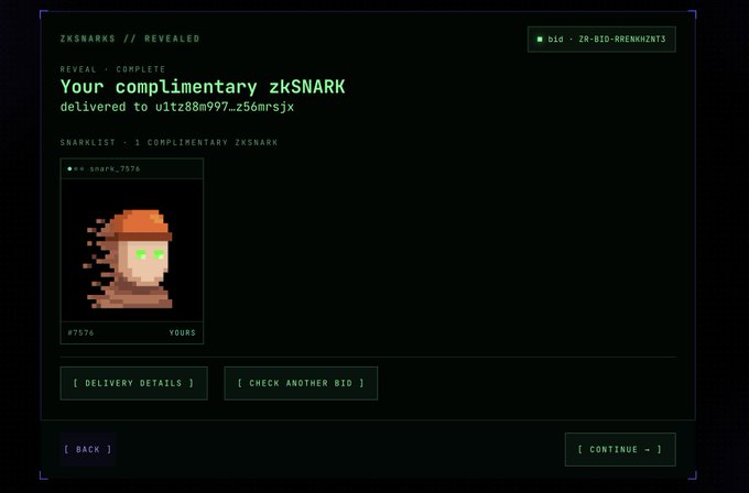 A dark digital interface shows a 'REVEAL' screen for a 'complimentary zkSNARK' delivered to a wallet, displaying a pixel art character labeled 'snark_7576' marked as 'YOURS'.
