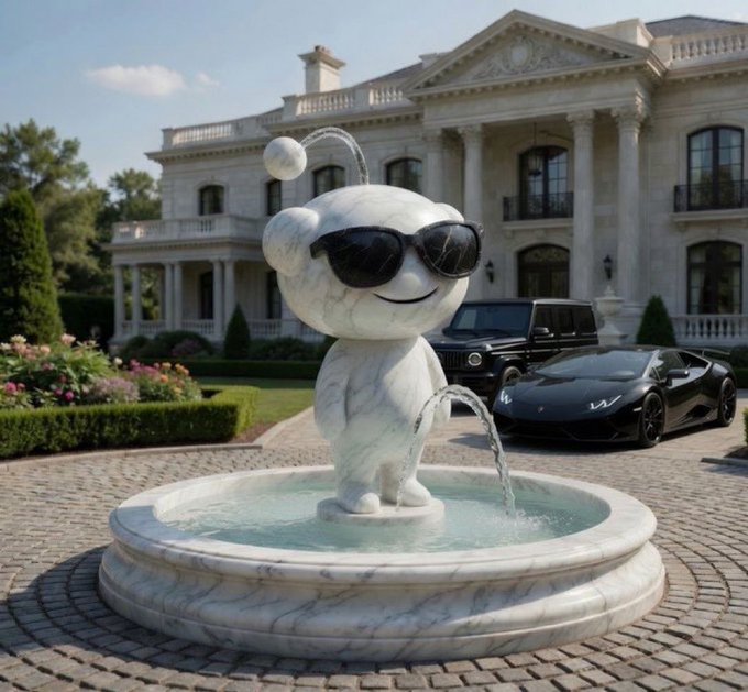 A marble statue of a smiling Reddit mascot (Snoo) wearing sunglasses, situated in a fountain in front of a luxurious mansion with a black SUV and Lamborghini parked in the driveway.