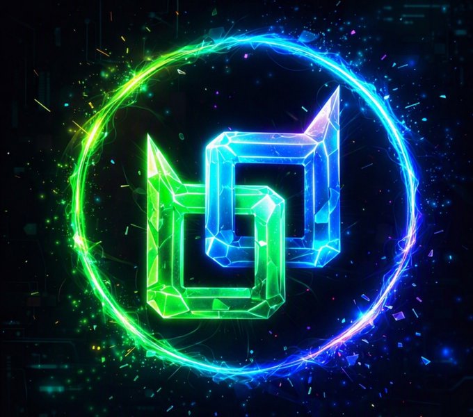 A vibrant digital artwork displaying a 3D geometric logo in green and blue, encircled by a glowing energy ring against a dark, particle-filled background.