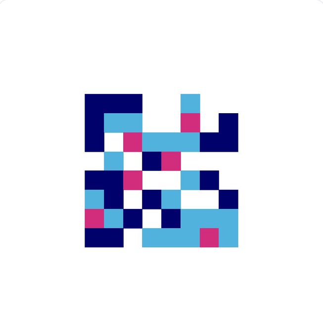 A pixel art design featuring blocks of navy blue, light blue, and pink/magenta colors arranged in an abstract pattern on a white background.