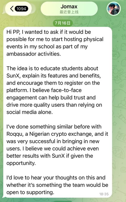 A chat message from user 'Jomax' on a messaging app proposing physical events at schools to promote 'SunX', mentioning previous success with 'Roqqu' crypto exchange.