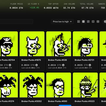A grid of pixel art 'Broker Punks' NFT thumbnails displayed on a marketplace interface, showing floor prices and 24-hour volume in ETH.