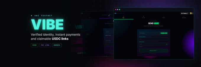 A promotional banner for 'ABC TESTNET VIBE' featuring 'Verified identity, instant payments and claimable USDC links' with a dark interface showing a 'SEND USDC' wallet transaction screen.