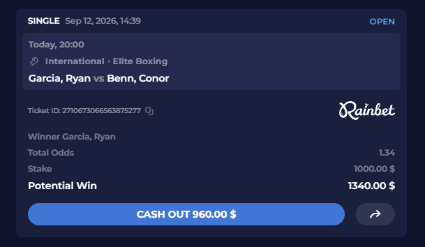 A sports betting interface from Rainbet showing a SINGLE bet placed on September 12, 2026, for an International Elite Boxing match between Garcia, Ryan vs Benn, Conor, with a $1000 stake and potential win of $1340.
