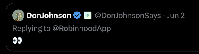 The image features a Twitter post from someone named Don Johnson. The post includes a message that reads "DonJohnson @DonJohnson Says : June 2". The post also mentions that they are replying to Robinhood App, which is an app for trading stocks.