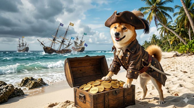 A Shiba Inu dressed as a pirate on a tropical beach kneels beside a treasure chest filled with gold "DOGE" coins, with pirate ships in the background. The image reinforces the post's message about not giving up on Dogecoin despite price drops, using the pirate's buried treasure as a metaphor for the long-term value of holding DOGE.