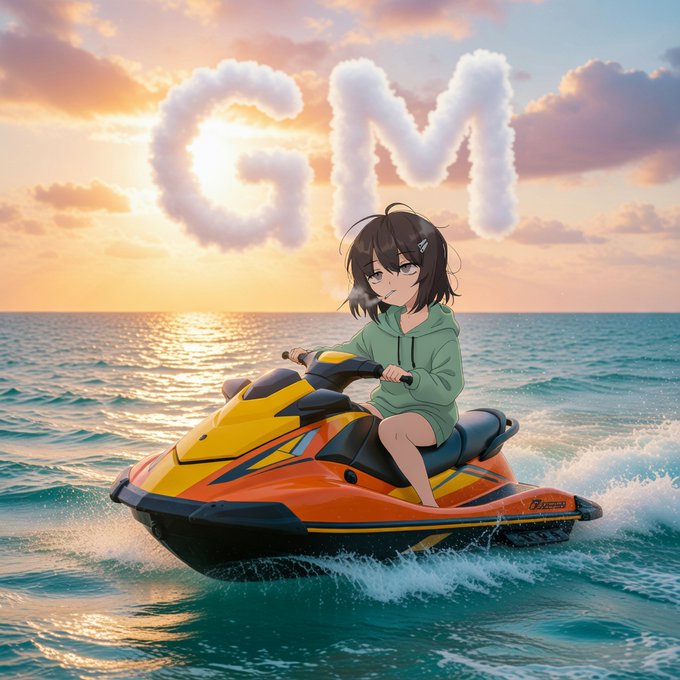An anime-style illustration of a girl in a green hoodie riding a yellow and orange jet ski across the ocean at sunset, with the letters 'GM' formed by clouds in the sky.