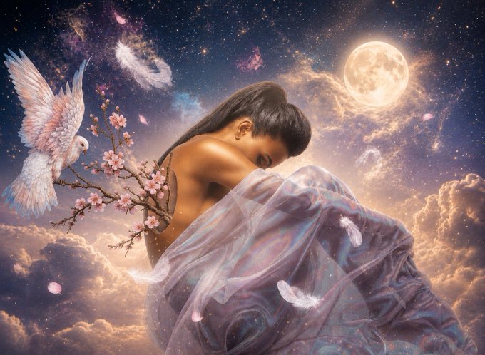 A digital fantasy artwork depicting a woman with dark hair wrapped in a shimmering lavender fabric, accompanied by a white cockatoo perched on a cherry blossom branch against a cosmic backdrop with a large moon.