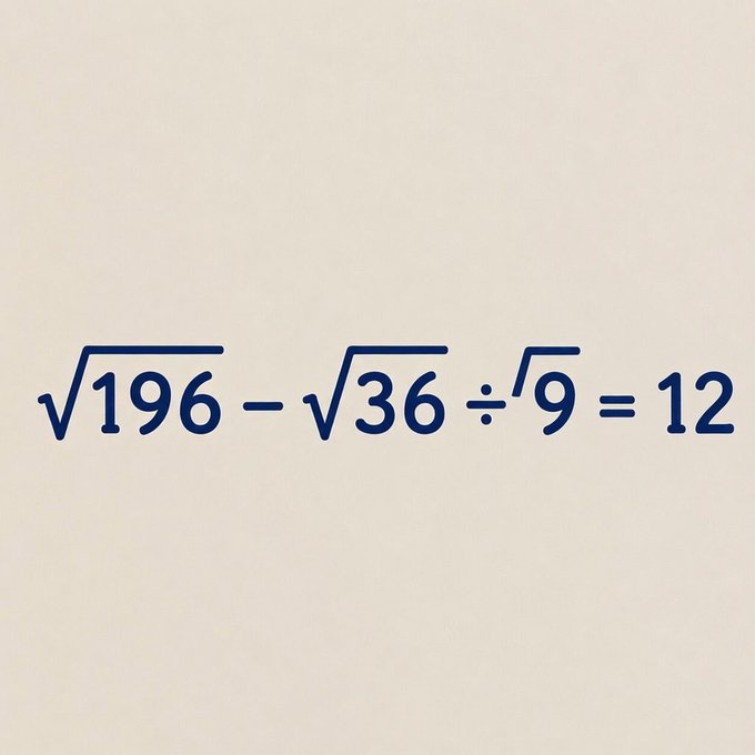 The image displays a mathematical equation: $\sqrt{196} - \sqrt{36} \div \sqrt{9} = 12$. This is likely shared to illustrate the "success" in mathematics hinted at by the post's message about achieving 0.0001.