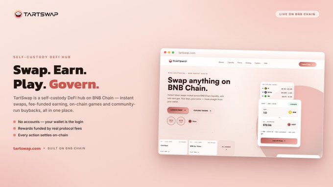 A promotional image for TartSwap, a self-custody DeFi hub on the BNB Chain, featuring the website tartswap.com with the tagline "Swap. Earn. Play. Govern." and highlighting features like instant swaps, fee-funded earnings, on-chain settling, and token pairs like WBNB and BSW. The image aligns with the post's praise of TartProtocol as an exemplary DeFi hub built on BNB Chain.