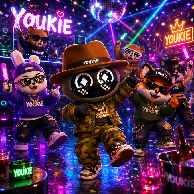 The image features a group of cartoon animals dancing together at a party with neon lights and disco balls. The main focus of the image is a character wearing a hat, which appears to be a Youkie. This character seems to be enjoying himself as he dances among his friends in the colorful setting. The post about satUSD recently integrated into the ecosystem adds another layer of interest for users who might want to explore how this integration affects their digital assets or transactions.