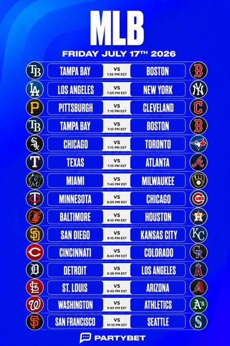 A blue MLB schedule graphic dated Friday July 17th 2026, listing matchups like Tampa Bay vs Boston and Los Angeles vs New York with PartyBet branding at the bottom.