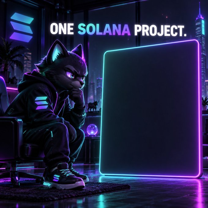 An anthropomorphic cat, wearing clothing with the Solana logo, ponders a blank neon screen that complements the "ONE SOLANA PROJECT." text, implying a choice needs to be made.