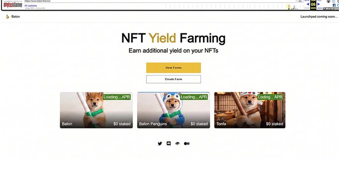 The image shows a NFT Yield Farming interface for Baton, featuring three dog-themed NFT collections (Baton, Baton Penguins, and Tonfla) with $0 staked and "Loading... APR" badges, along with "View Farms" and "Create Farm" buttons. This screenshot illustrates the Baton Finance NFT yield protocol mentioned in the article, which discusses its history alongside PumpFun and positions it as a solution to recent multi-chain volume issues.
