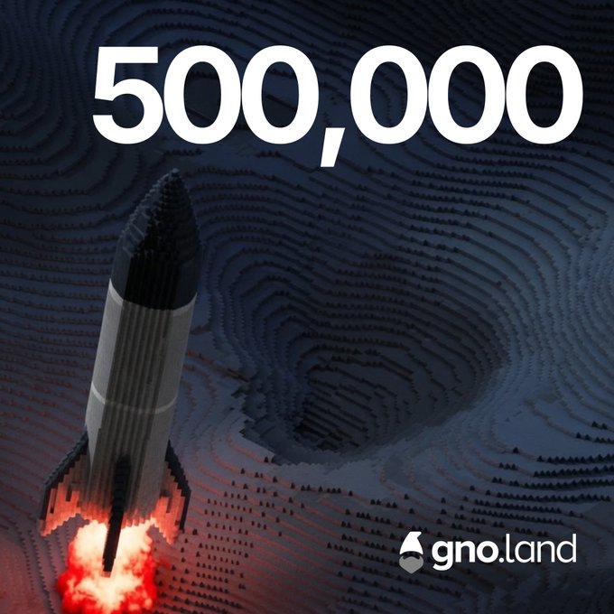 A promotional graphic for gno.land featuring a rocket launching with the large number '500,000' displayed prominently.