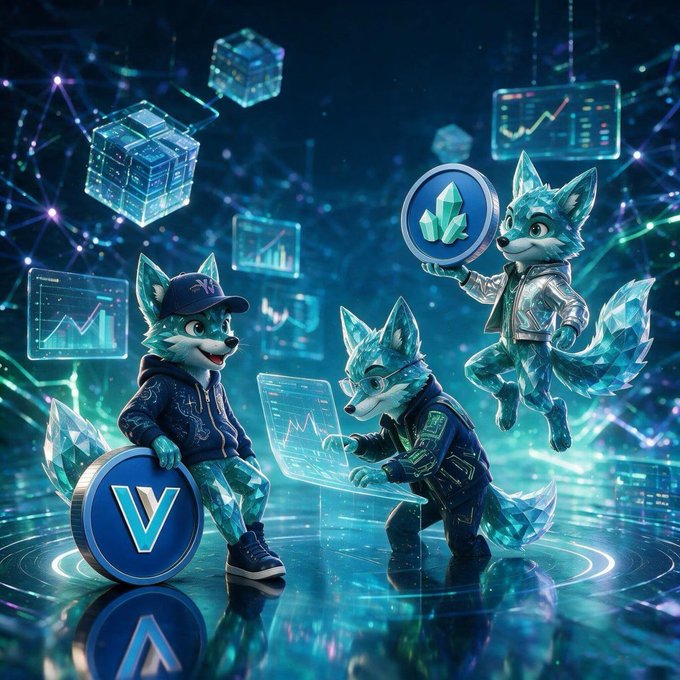 Three crystalline wolf mascots—one leaning on a "V" coin, one analyzing a translucent data chart, and one holding up a gem-emblazoned medallion—stand within a glowing blue network of holographic dashboards and line graphs, visually reinforcing the post's focus on YFSX VIN's transparent, on-chain liquidity model and community-driven ecosystem.