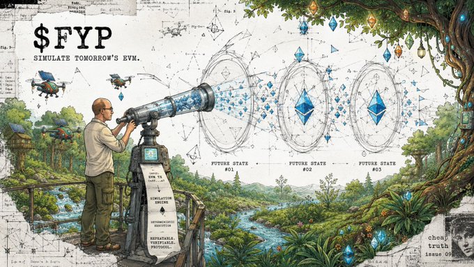 The illustration depicts "$FYP — Simulate Tomorrow's EVM," showing a developer peering through a telescope-like device projecting holographic diamond crystals labeled "Future State #01, #02, #03," symbolizing forward-looking Ethereum Virtual Machine simulation. The whimsical, sketch-style artwork visually reinforces the post's bullish outlook on $FYP and its experienced builder, HolgerD77, by depicting the project's visionary approach to simulating future Ethereum states.