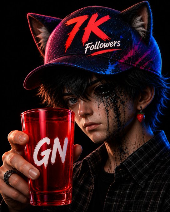 Stylized illustration of a dark-haired anime-style character wearing a cat-ear cap marked '7K Followers', holding a red glass with 'GN' written on it.