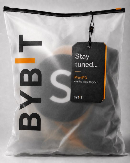 A frosted plastic bag with 'BYBIT' printed vertically and a hang tag reading 'Stay tuned... Pre-IPO on its way to you!'.