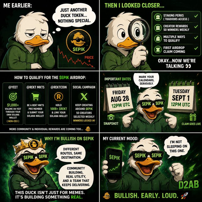A six-panel comic featuring a duck character promoting the '$EPIK' token, detailing staking perks, qualification methods for an airdrop, important dates (Friday Aug 28 and Tuesday Sept 1), and ending with a 'BULLISH. EARLY. LOUD.' tagline signed D2AB.