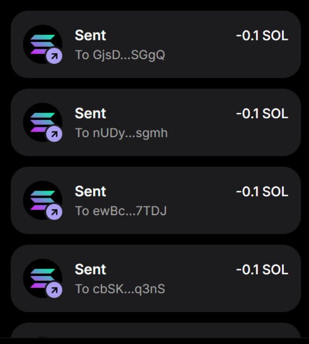 A mobile screenshot showing four recent transactions on Solana, each labeled "Sent" with "-0.1 SOL" deducted, sent to different wallet addresses (GjsD...SGgQ, nUDy...sgmh, ewBc...7TDJ, cbSK...q3nS), illustrating the air-dropping of 0.1 SOL to multiple participants as advertised in the post.