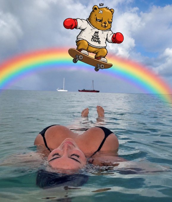 A surreal composite image showing a woman floating on her back in clear blue ocean water beneath a rainbow, with a cartoon bear wearing boxing gloves skateboarding through the sky above.