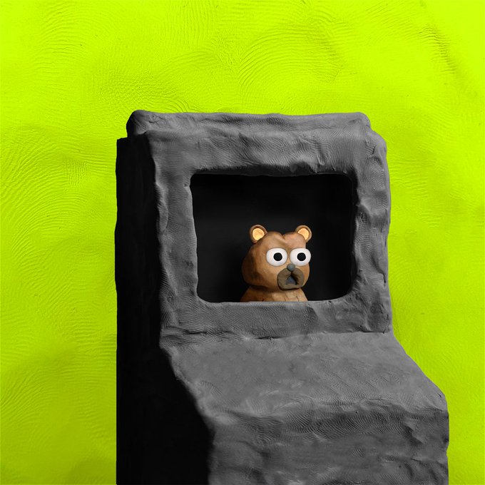 A small clay-style bear figurine peeks out from a square opening in a dark gray stone-like pedestal against a bright lime green background.