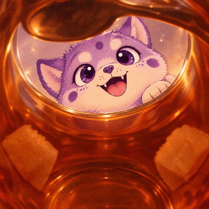 A cute purple cartoon cat or fox character with large purple eyes and an open smile, peeking through a circular opening surrounded by golden, ornate metallic framing.