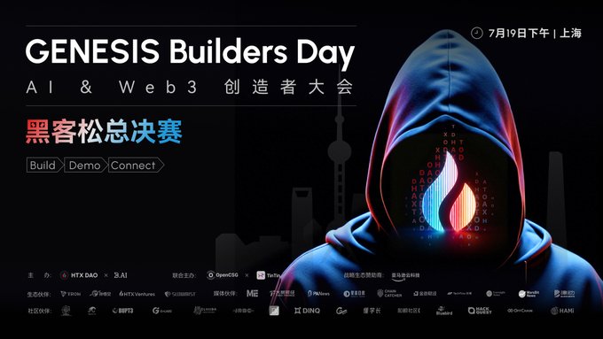A promotional banner for 'GENESIS Builders Day' an AI & Web 3 event featuring a hooded figure with a digital face, scheduled for July 19 in Shanghai.
