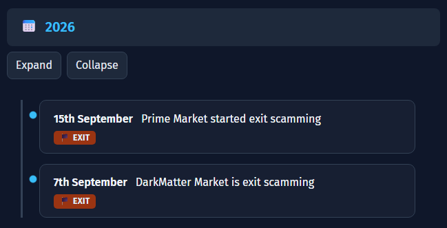 A timeline entry showing that "Prime Market" began exit scamming around 15th September 2026, with an "EXIT" label below the date. It follows a previous entry for "DarkMatter Market" as exit scamming, illustrating the site's running log of darknet market closures.