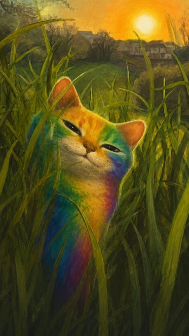 A multicolored cat sits contentedly in tall green grass against a sunset sky, its fur rendered in vibrant rainbow hues of green, blue, purple, pink, and yellow, perfectly embodying the colorful spirit of the $COLORS token.